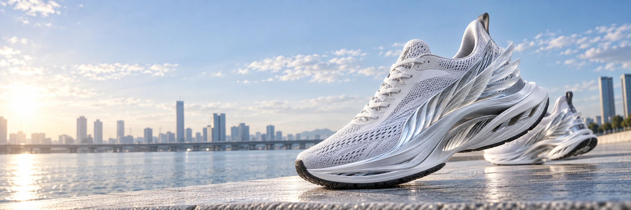 水辺の石台に置かれた、翼を思わせる銀白色のWING SHOES